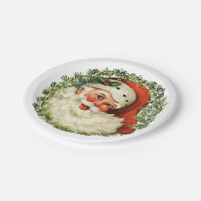 Retro Cute Chubby Santa Wreath Holiday Party Paper Plate (Angled)