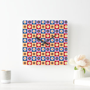 Retro Cute colourful Flowers Pattern Square Wall Clock