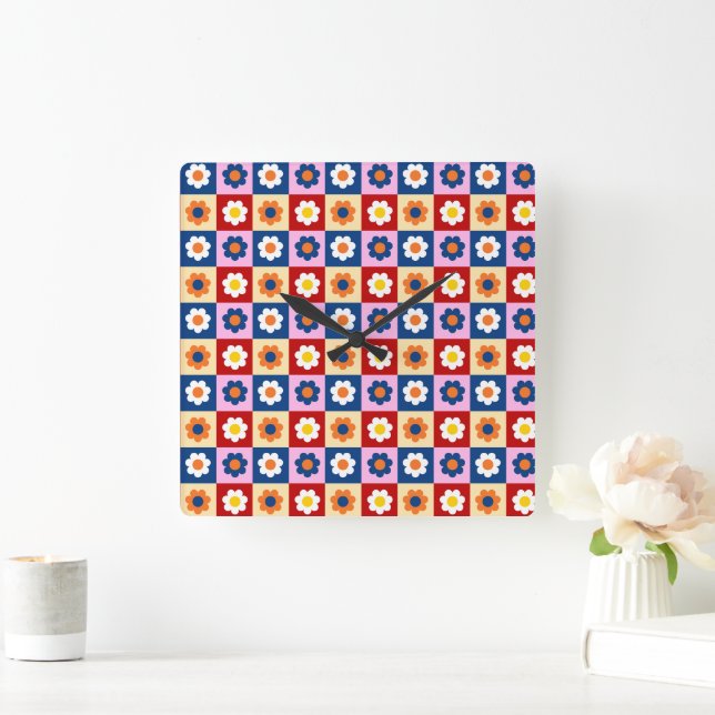 Retro Cute colourful Flowers Pattern  Square Wall Clock (Home)