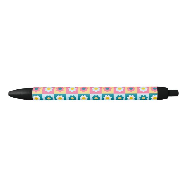 Retro Cute colourful Pastel Flowers Pattern  Black Ink Pen (Front)