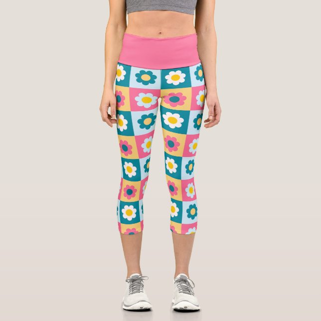 Retro Cute colourful Pastel Flowers Pattern  Capri Leggings (Front)