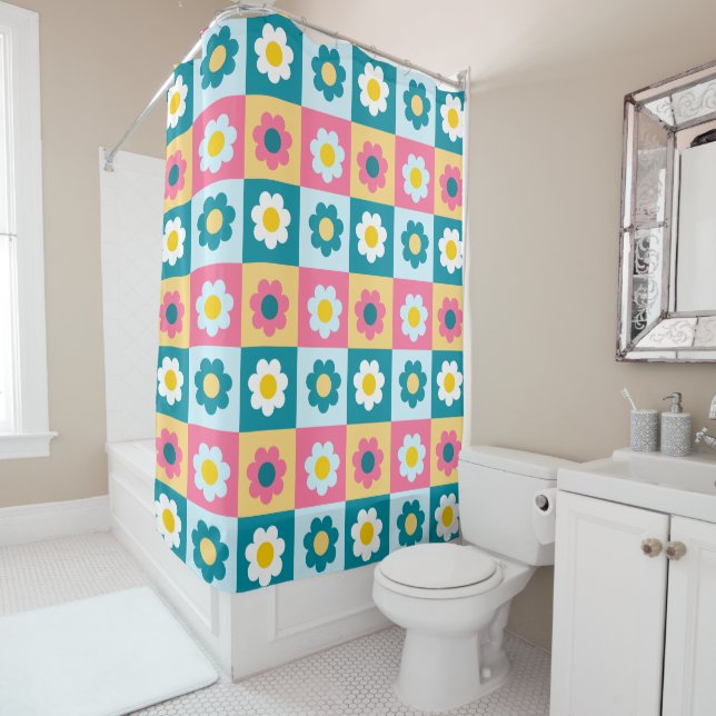 Retro Cute colourful Pastel Flowers Pattern  Shower Curtain (In Situ)