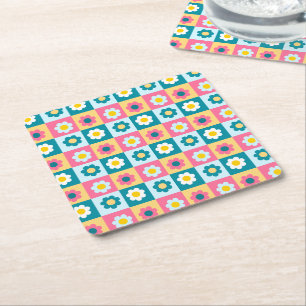Retro Cute colourful Pastel Flowers Pattern Square Paper Coaster