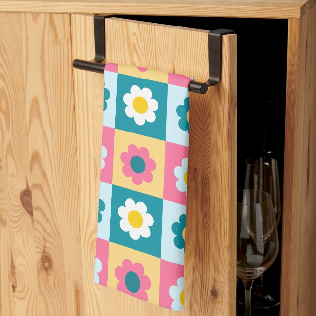 Retro Cute colourful Pastel Flowers Pattern  Tea Towel (Thirds Fold)