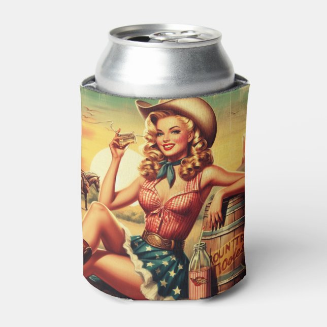 Retro Cute Cowgirl Can Cooler (Can Front)
