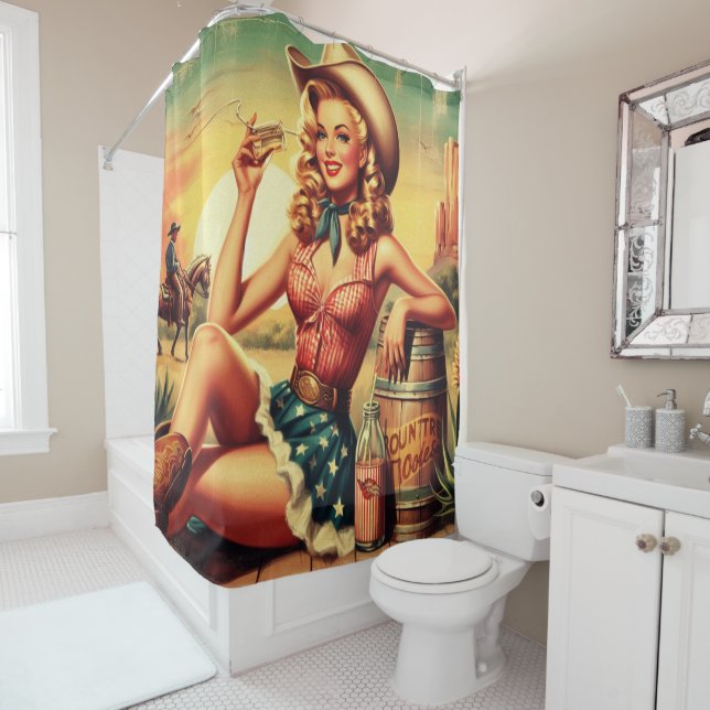 Retro Cute Cowgirl Shower Curtain (In Situ)
