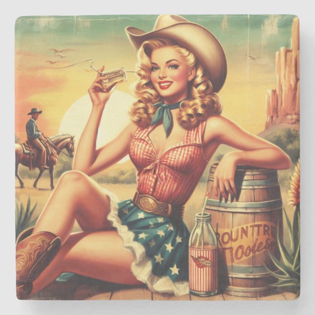 Retro Cute Cowgirl Stone Coaster (Front)