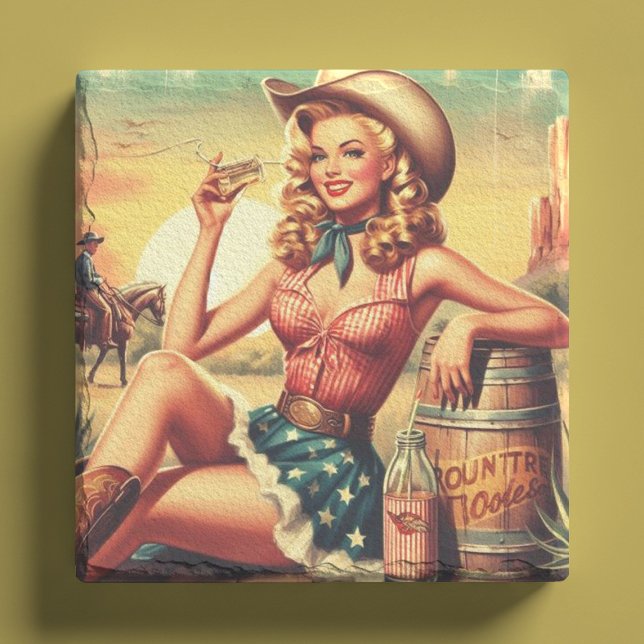 Retro Cute Cowgirl Stone Coaster (Creator Uploaded)