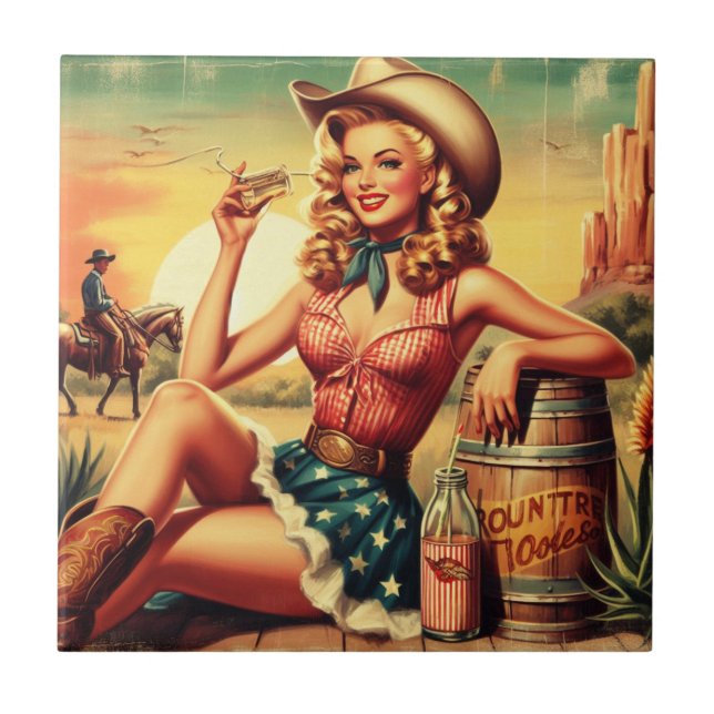 Retro Cute Cowgirl Tile (Front)