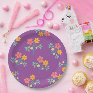 Retro Cute Daisy Bouquet Pattern in Purple Paper Plate