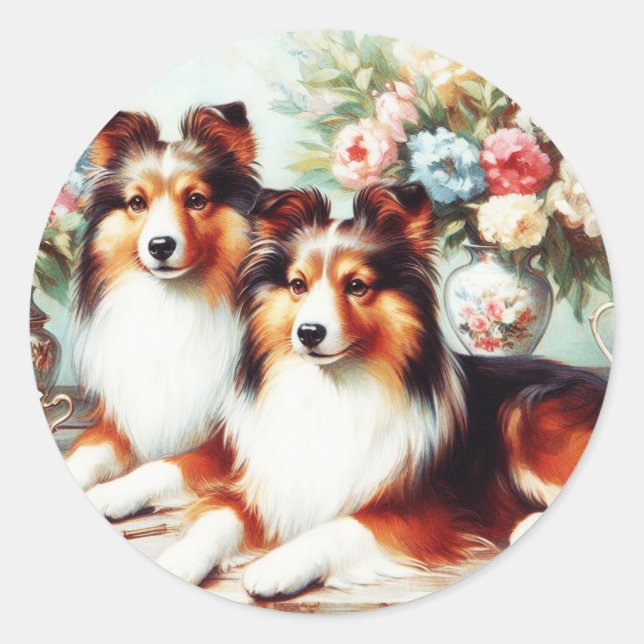 Retro Cute Dogs Oil Painting Classic Round Sticker (Front)