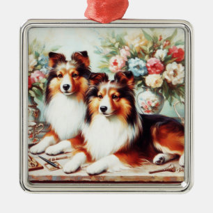 Retro Cute Dogs Oil Painting Metal Tree Decoration