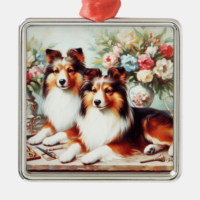 Retro Cute Dogs Oil Painting Metal Tree Decoration (Front)