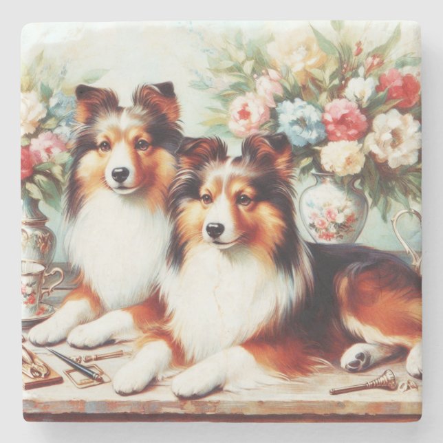 Retro Cute Dogs Oil Painting Stone Coaster (Front)