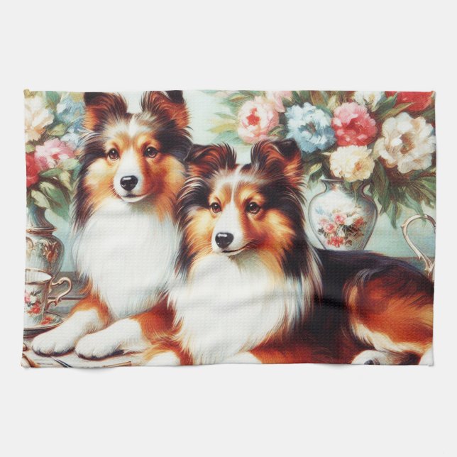 Retro Cute Dogs Oil Painting Tea Towel (Horizontal)