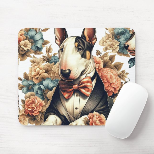 Retro Cute Floral Bull Terrier Mouse Mat (With Mouse)