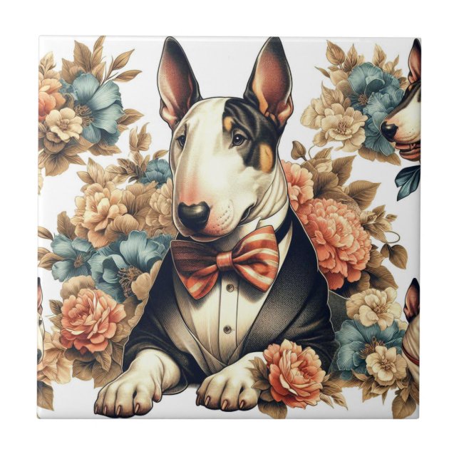 Retro Cute Floral Bull Terrier Tile (Front)