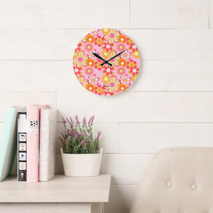 Retro Cute Flower Design Pink Large Clock