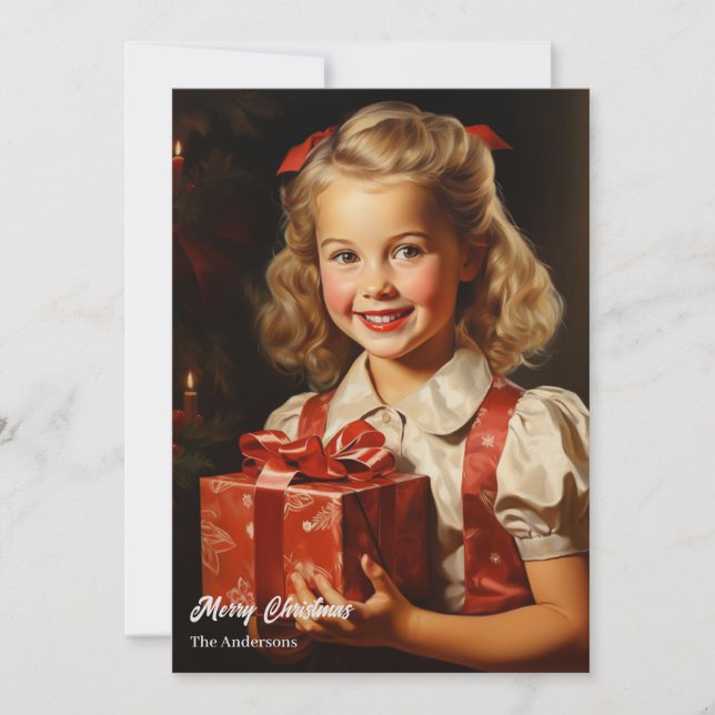 Retro cute girl with Christmas present  Holiday Card (Front)
