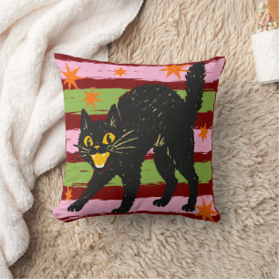 Retro Cute Halloween Black Cat with Stripes Stars Cushion