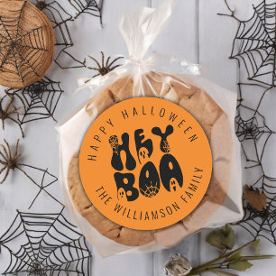 Retro Cute Hey Boo Halloween Ghost Spooky   Black Classic Round Sticker