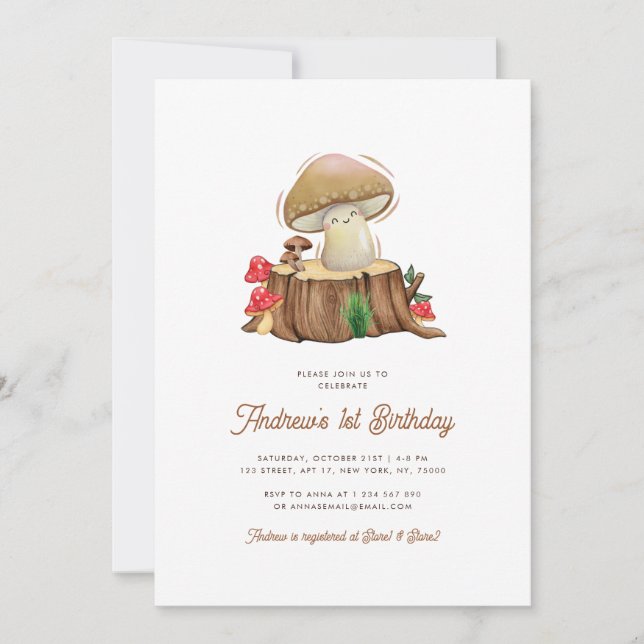 Retro Cute Kawaii Little Mushroom 1st Birthday Invitation (Front)