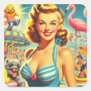 Retro Cute Kitsch Girl Square Sticker