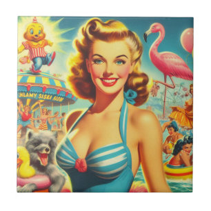 Retro Cute Kitsch Girl Tile