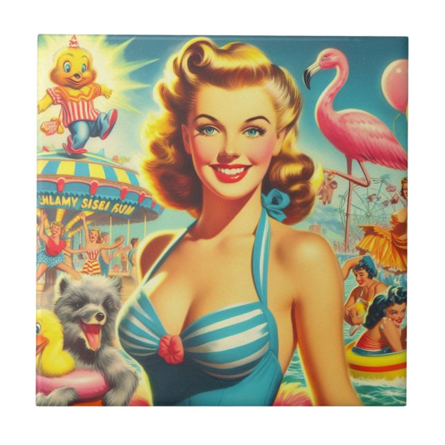 Retro Cute Kitsch Girl Tile (Front)
