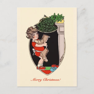 Retro cute little girl with old shoes holiday postcard