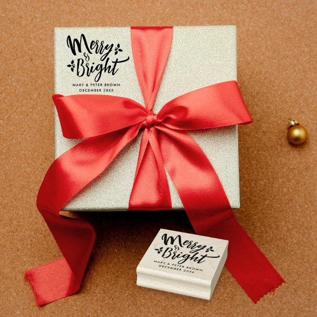 Retro Cute Merry And Bright Christmas Typography Rubber Stamp (Creator Uploaded)