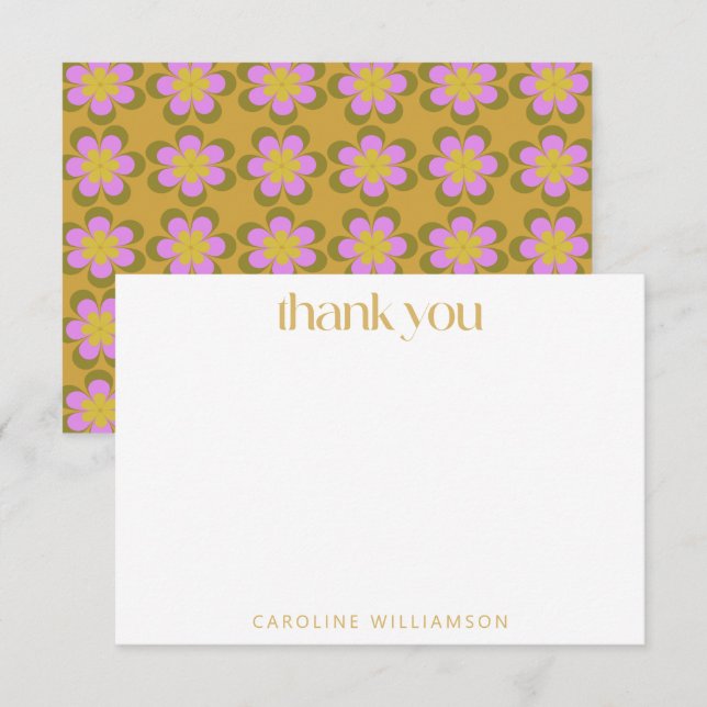Retro Cute Mod Floral Yellow Purple Name  Thank You Card (Front/Back)