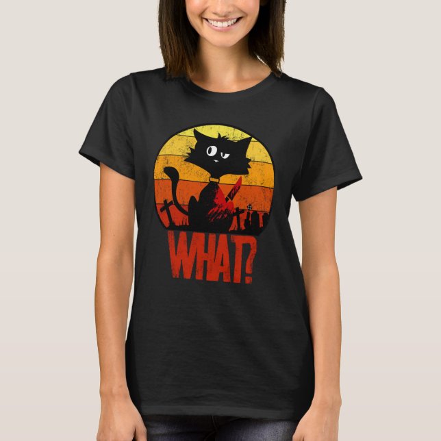 Retro Cute Murderous Black Cat What With Knife Hor T-Shirt (Front)