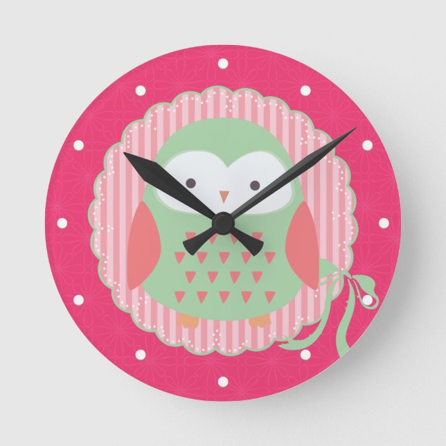 Retro Cute Owl Pink & Green Girly Round Clock (Front)