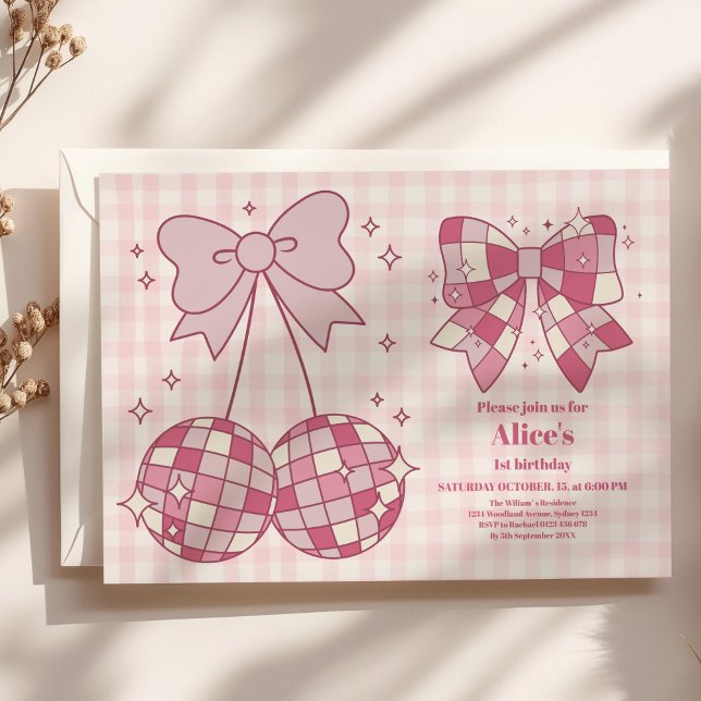Retro Cute Pink Bow Coquette 1st Birthday Invitation (Creator Uploaded)