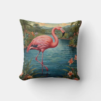 Retro cute pink flamingo tropical paradise cushion