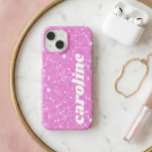 Retro Cute Pink Glitter Sparkle Personalised Name<br><div class="desc">This personalised phone case features a bright pink glitter look with your custom name printed in bold white lettering. Add any name to create a fun, girly phone case for teens, tweens, college girls, or anyone who loves hot pink. The sparkly background makes it feel playful and eye catching while...</div>