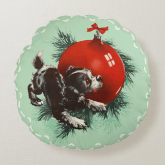 Retro Cute Puppy Red Ornament Christmas Round Cushion