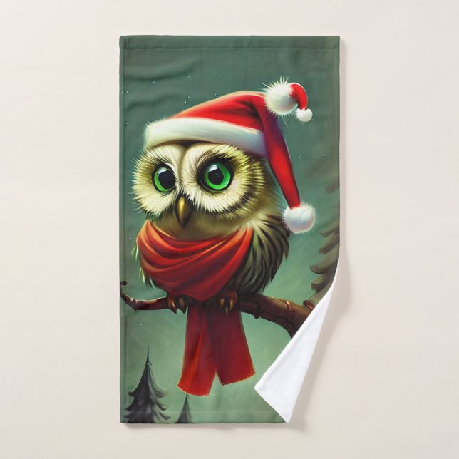 Retro Cute Santa Owl Christmas Hand Towel (Hand Towel)