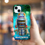 Retro cute sci fi tin toy robot custom name iPhone 15 mini case<br><div class="desc">I love cute, retro faces on vintage, childhood metal toy wind-up robots. Here’s one of my favourites, set against a turquoise blue bubble galaxy sky. Be a trendsetter whenever you use this fun, colourful, personalised name cell phone case. Makes a great gift for someone special! Just type in the name...</div>