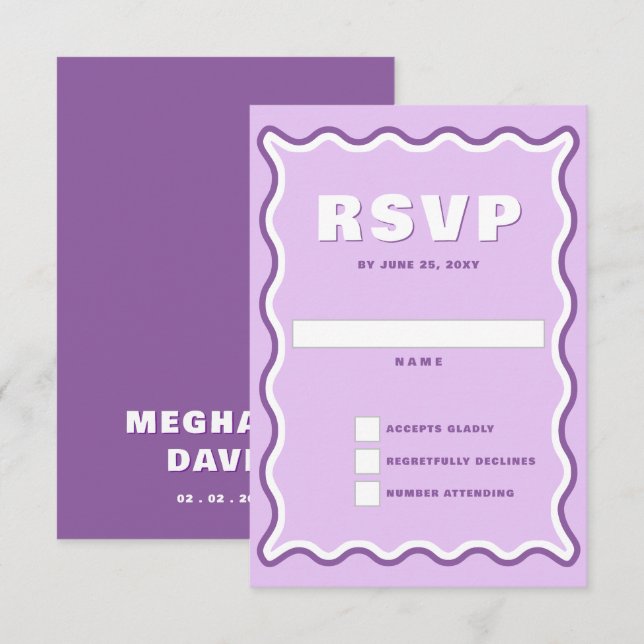Retro Cute Squiggle Wavy Curve Purple Wedding  RSVP Card (Front/Back)