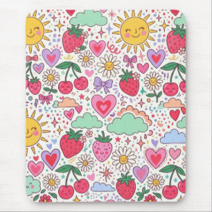 Retro Cute Strawberry, Sunshine, and Hearts Happy Mouse Mat