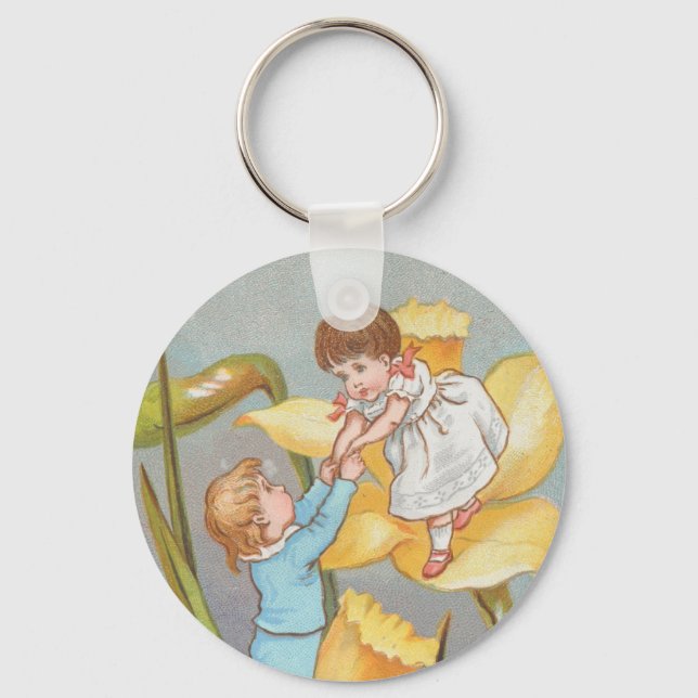 Retro Cute Sweet Valentine, children and daffodils Key Ring (Front)