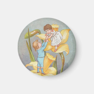 Retro Cute Sweet Valentine, children and daffodils Magnet
