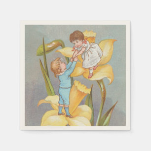 Retro Cute Sweet Valentine, children and daffodils Napkin
