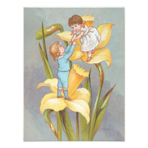 Retro Cute Sweet Valentine, children and daffodils Photo Print