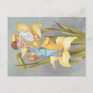 Retro Cute Sweet Valentine, children and daffodils Postcard