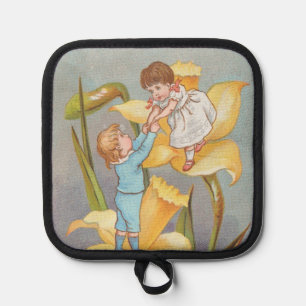 Retro Cute Sweet Valentine, children and daffodils Pot Holder