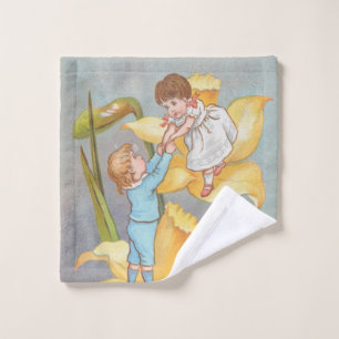 Retro Cute Sweet Valentine, children and daffodils Wash Cloth