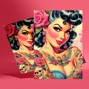 Retro Cute Tattooed Pin-up Postcard